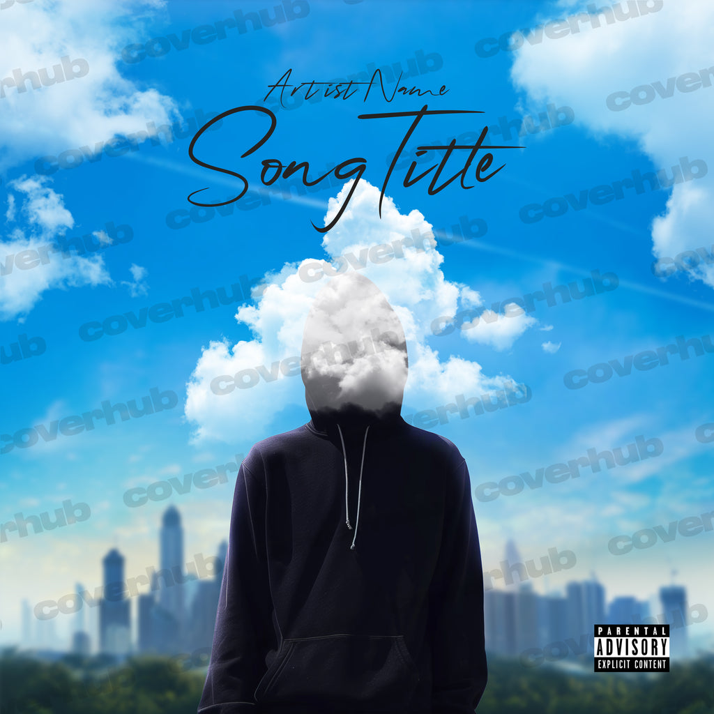 Man wearing black dark hoodie anonymous with bright clouds above head, summer bright city skyline trees, premade cover art free album mixtape 