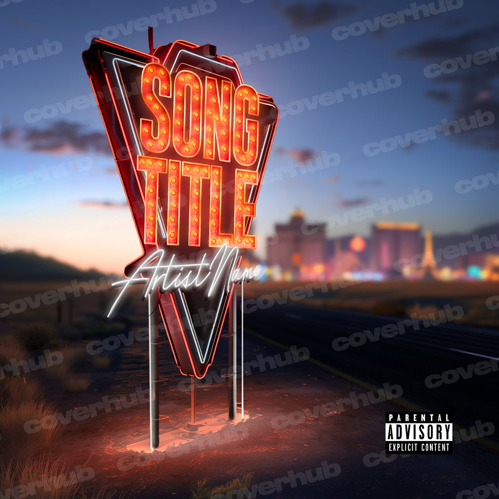 a dark roadside sign that displays a bright vegas style casino city sign, cover art album artwork mixtape free