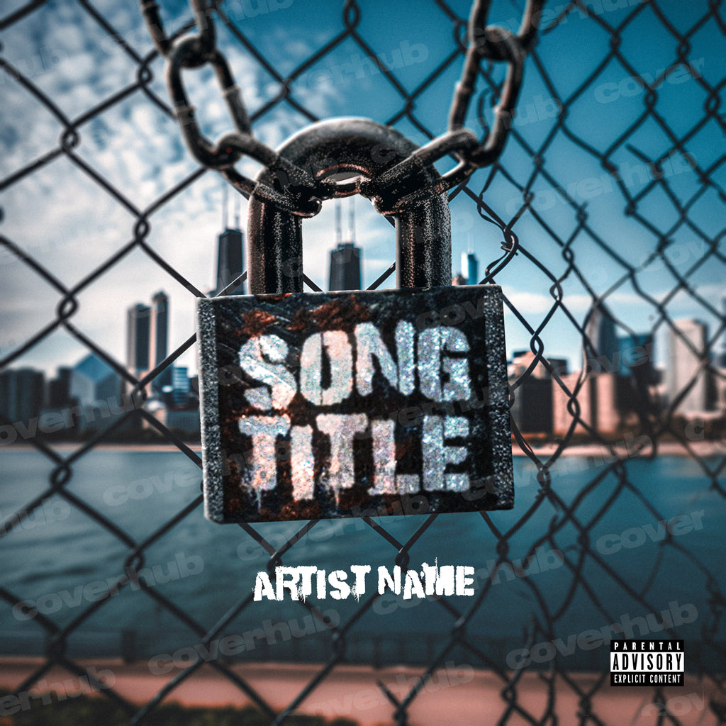 city skyline with a fence in front, a padlock with painted letters over. FRee cover art album cover mixtape artwork template