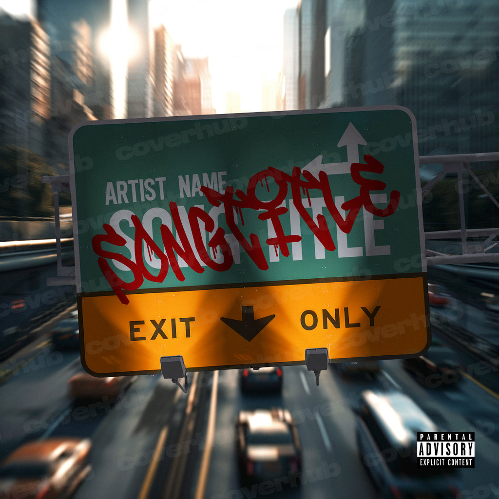 a highway sign is lit up over a busy road with graffiti on the front, free album cover art mixtape artwork