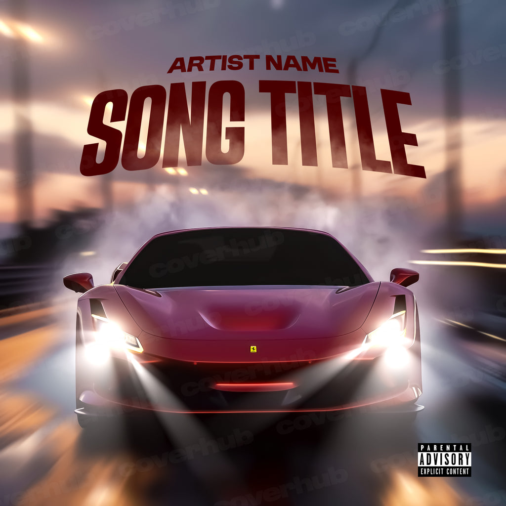 Red ferrari speeding over a bridge during the sunset, free cover art template. album cover art mixtape covers