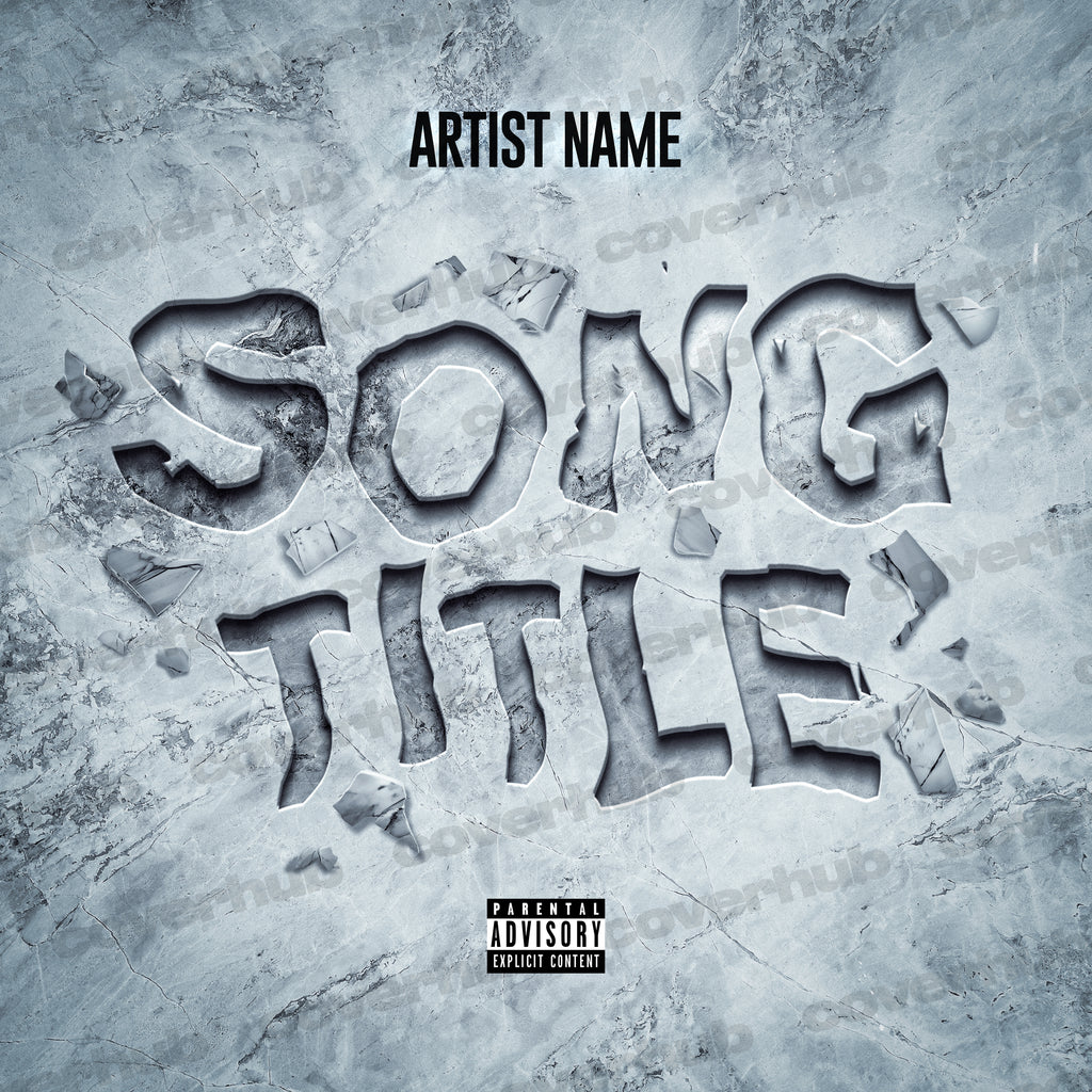 PIECES OF WHITE MARBLE ARE SCATTERED AROUND A SURFACE OF WHITE MARBLE WITH LETTERS ENGRAVED OR ETCHED OR BROKEN INTO IT, ALBUM COVER ART MIXTAPE ART FREE TEMPLATE 