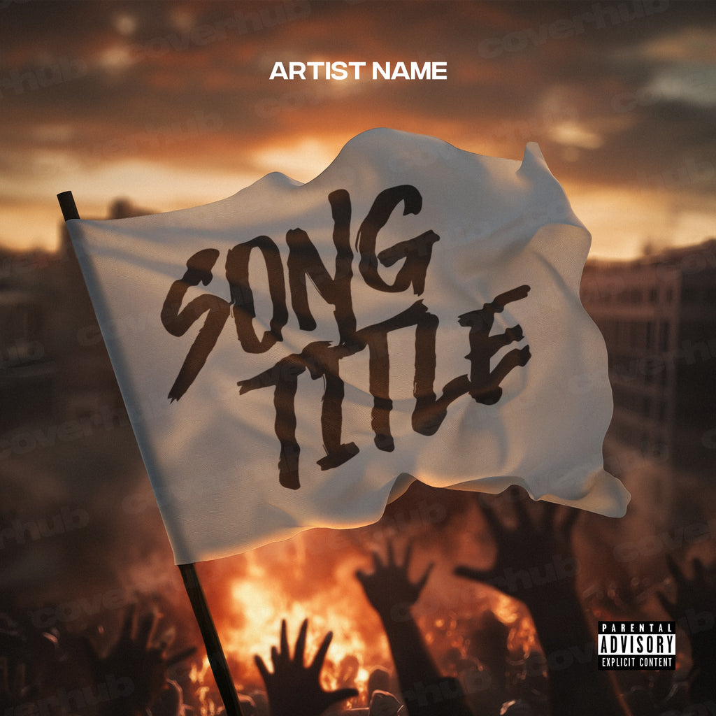 A WHITE FLAG IS FLYING WITH CROWD OF PEOPLE RIOTING REACHING OUT INTO THE SKY, A WHITE FLAG IS IN THE MIDDLE WITH TEXT WROTE ON IT FREE COVER ART ALBUM ARTWORK MIXTAPE DOWNLOAD FREE