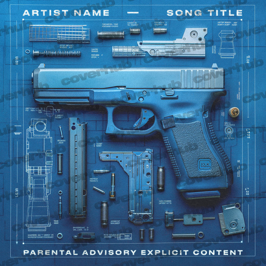 GUN PISTOL GLOCK PARTS BLUE PRINT PREMADE ALBUM COVER ART TEMPLATED