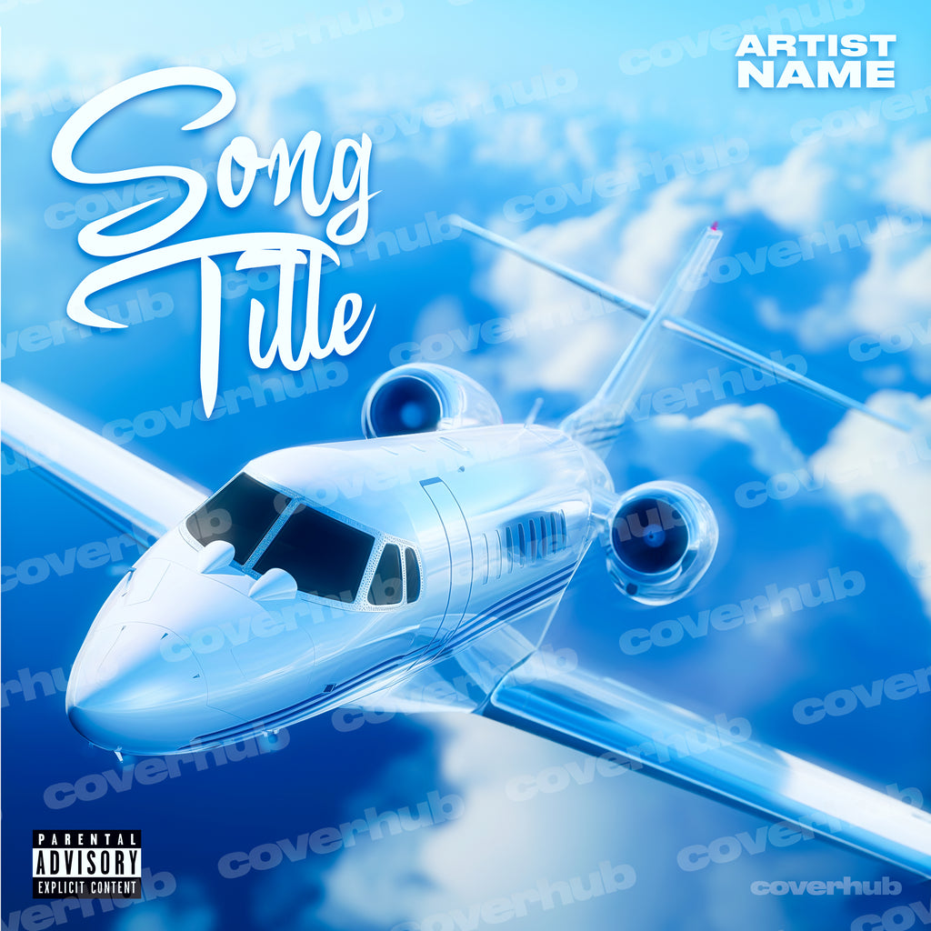 PRIVATE JET PLANE FLYING THROUGH CLOUDS BLUE SKY SUN PREMADE COVER ALBUM ART TEMPLATE