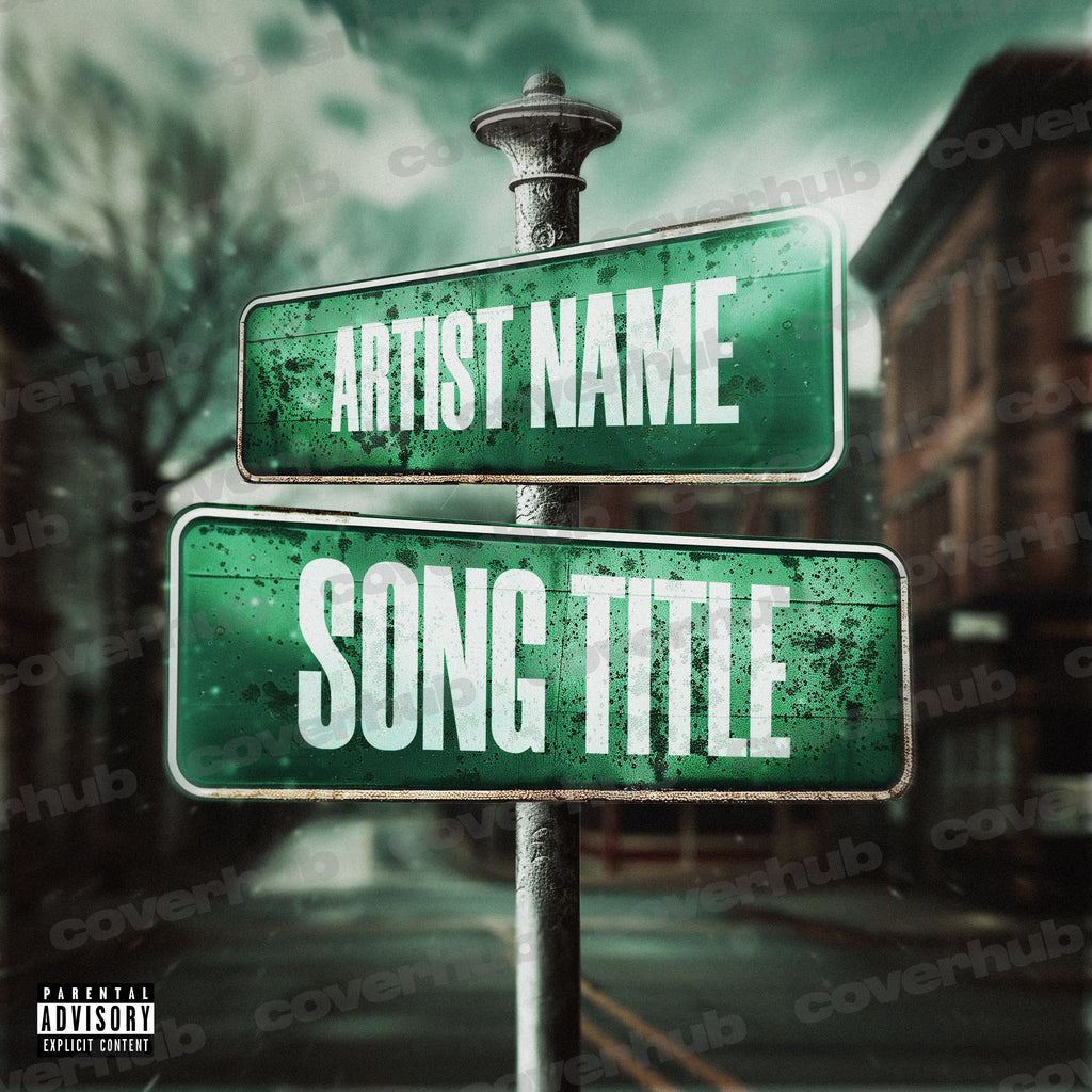 AMERICAN STREET SIGN GREEN CROSS ROAD PREMADE ALBUM COVER ART TEMPLATE 