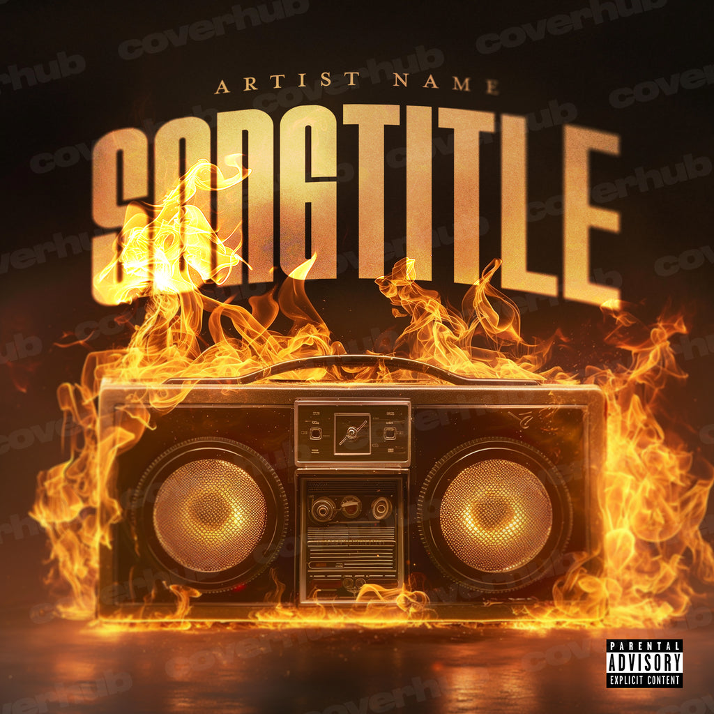 SPEAKER BOOMBOX ON FIRE PREMADE ALBUM SINGLE COVER ART WORK TEMPLATE